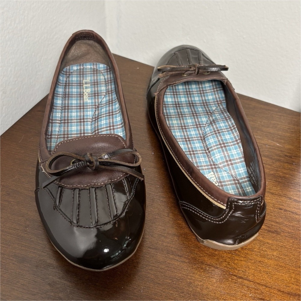 L.L.Bean W slip on skimmers Brown Leather Ballet Flats Bow costal rain  7M(B)